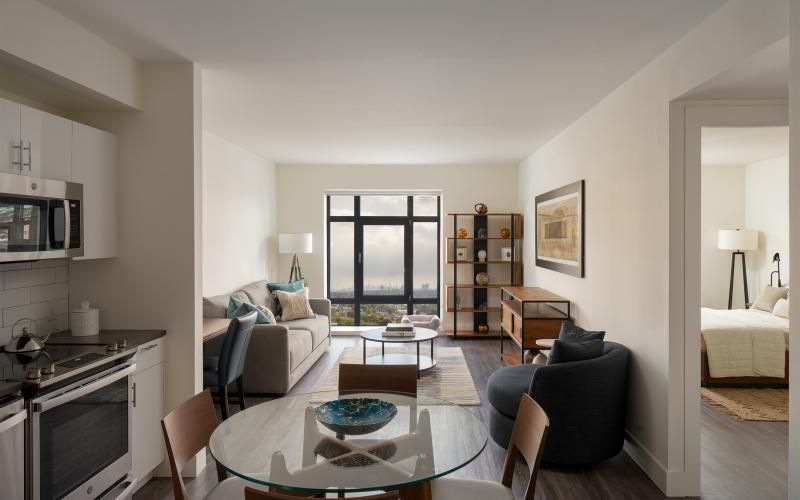 a living room with a large window