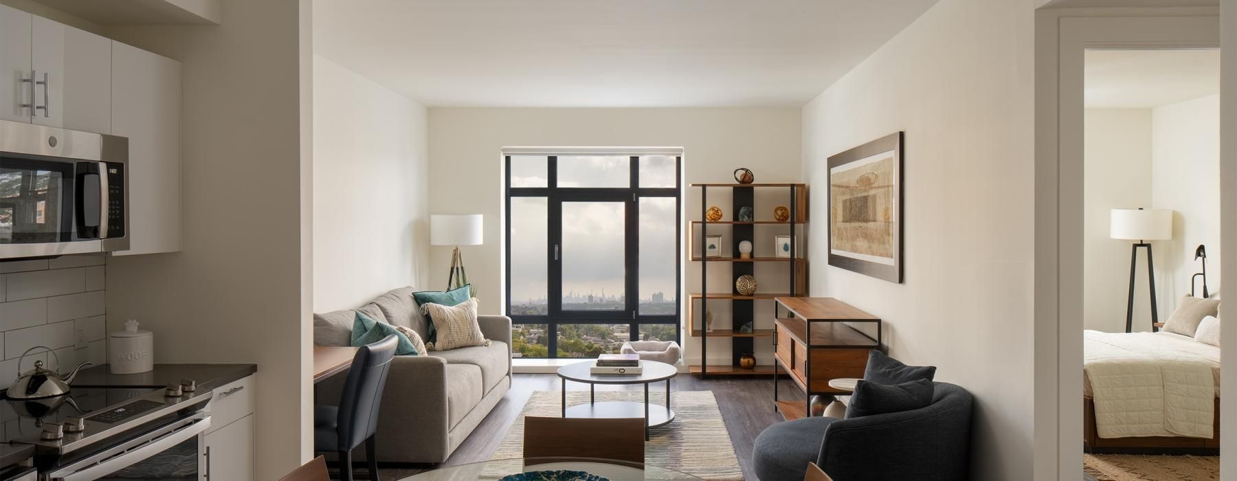 a living room with a large window